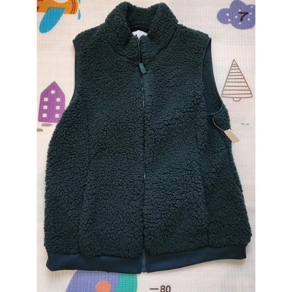 Time & Tru Sweater Vest Zip Front Women's Large Green Pockets Warm Light Weight